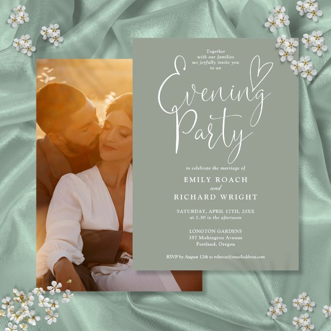 Chic Script Photo Sage Green Wedding Evening Party Invitation (Chic Script Photo Sage Green Wedding Evening Party Invitation)