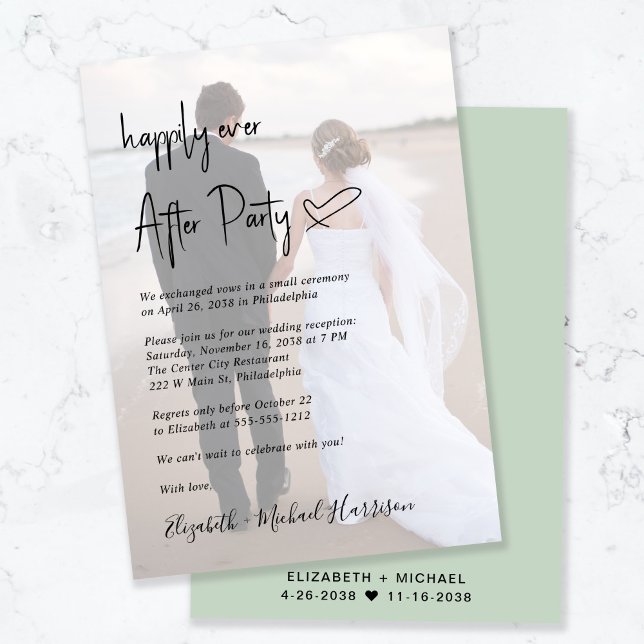 Chic Script Photo Sage Green Wedding Reception Invitation (Creator Uploaded)