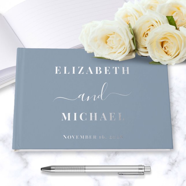 Chic Script Photo Silver Foil Dusty Blue Wedding Guest Book (Creator Uploaded)