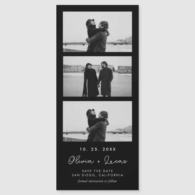 Chic Script Photo Strip Black Magnetic Wedding  (Front)