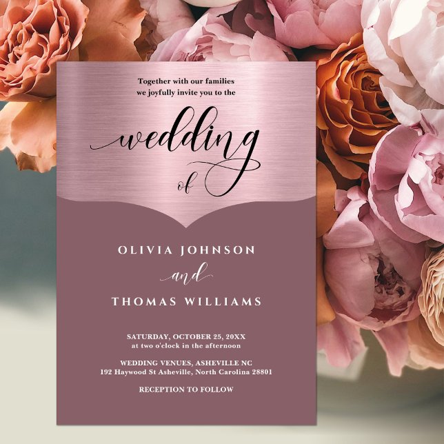 Chic Script Pink Metallic Rose Gold Wedding Invitation (Creator Uploaded)