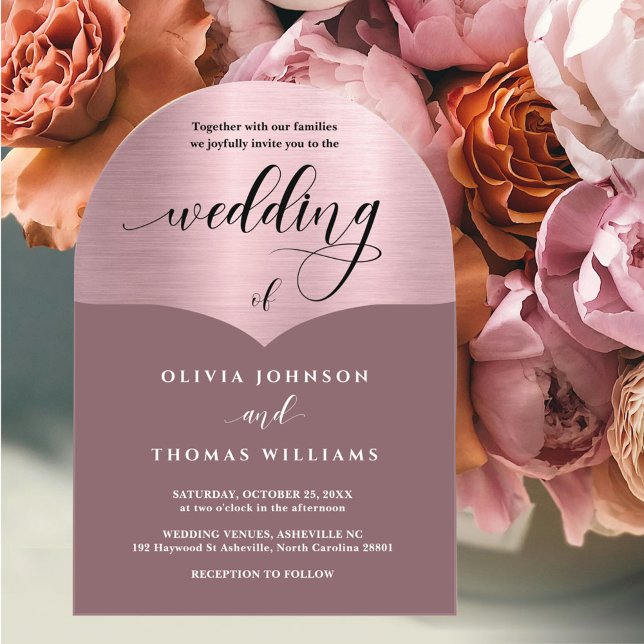 Chic Script Pink Rose Gold Arch Wedding Acrylic Invitations (Creator Uploaded)