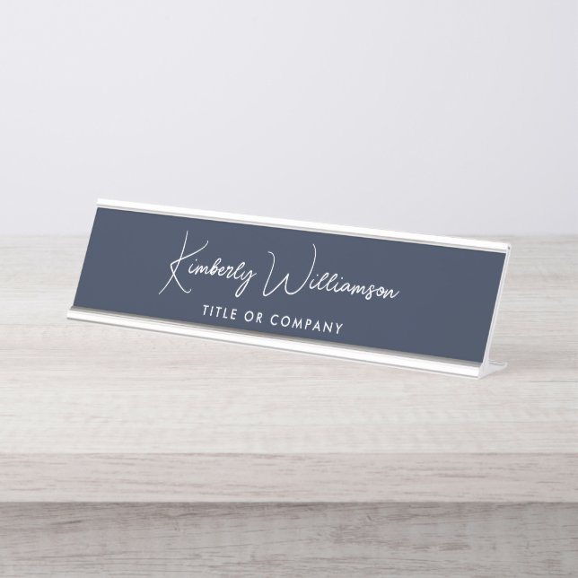 Chic Script Professional Blue Desk Name Plate (Front)