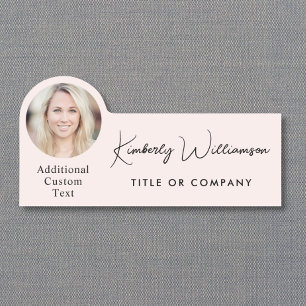 Chic Script Professional Pink Photo Name Tag