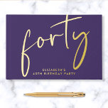 Chic Script Purple 40th Birthday Party Guest Book<br><div class="desc">Chic purple guestbook for her 40th birthday party featuring real gold foil,  "forty" in a large stylish script and her name in simple lettering. Personalise the title on the spine and change the foil colour to silver or rose gold if desired.</div>