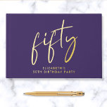 Chic Script Purple 50th Birthday Party Guest Book<br><div class="desc">Elevate her 50th birthday party with this elegant purple guestbook featuring real gold foil,  "fifty" in a large chic script and her name in modern typography. Personalise the title on the spine and change the foil colour to silver or rose gold if desired.</div>