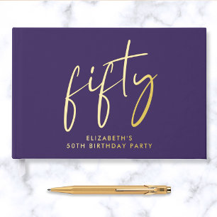 Chic Script Purple 50th Birthday Party Guest Book
