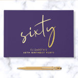 Chic Script Purple 60th Birthday Party Guest Book<br><div class="desc">An elegant purple guestbook for her 60th birthday party featuring real gold foil,  "sixty" in a chic script and her name in modern lettering. Personalise the title on the spine and change the foil colour to silver or rose gold if desired.</div>