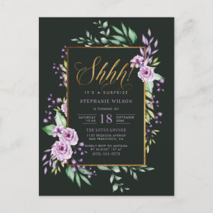 Chic Script Purple Floral Surprise Birthday Party Invitation Postcard