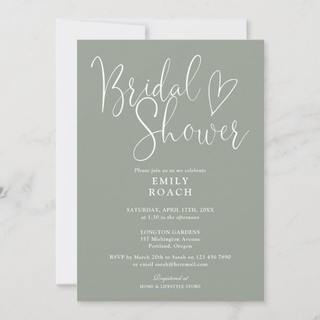 Chic Script QR Code Photo Sage Green Bridal Shower Invitation (Front)