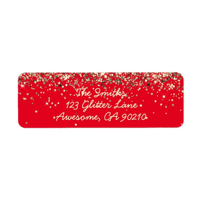 Chic Script Red Glitter Wedding Return Address Label (Front)