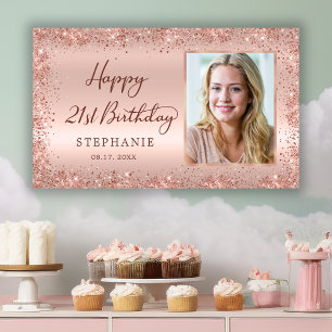 Chic Script Rose Gold Glitter Photo 21st Birthday  Banner
