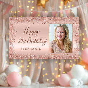 Chic Script Rose Gold Glitter Photo 21st Birthday  Banner