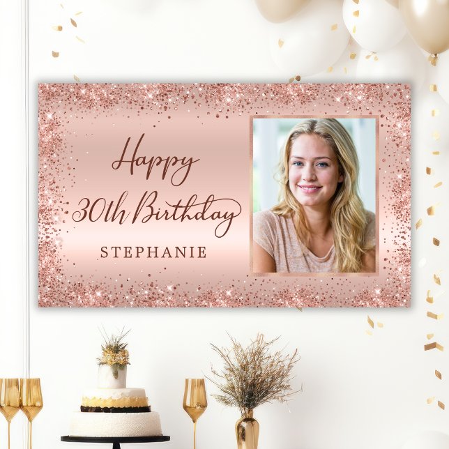 Chic Script Rose Gold Glitter Photo 30th Birthday  Banner (Creator Uploaded)