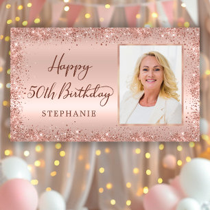 Chic Script Rose Gold Glitter Photo 50th Birthday  Banner