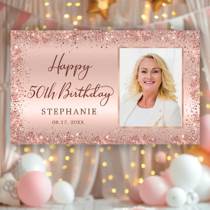 Chic Script Rose Gold Glitter Photo 50th Birthday  Banner