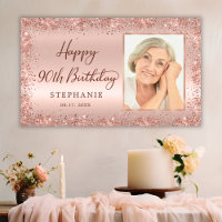 Chic Script Rose Gold Glitter Photo 90th Birthday 