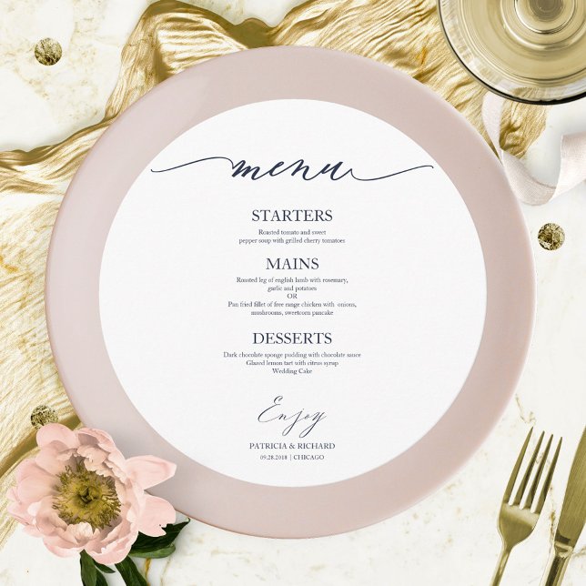 Chic Script Round Wedding Menu Card For Plate (Creator Uploaded)