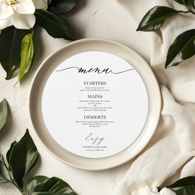 Chic Script Round Wedding Menu Card For Plate (Creator Uploaded)