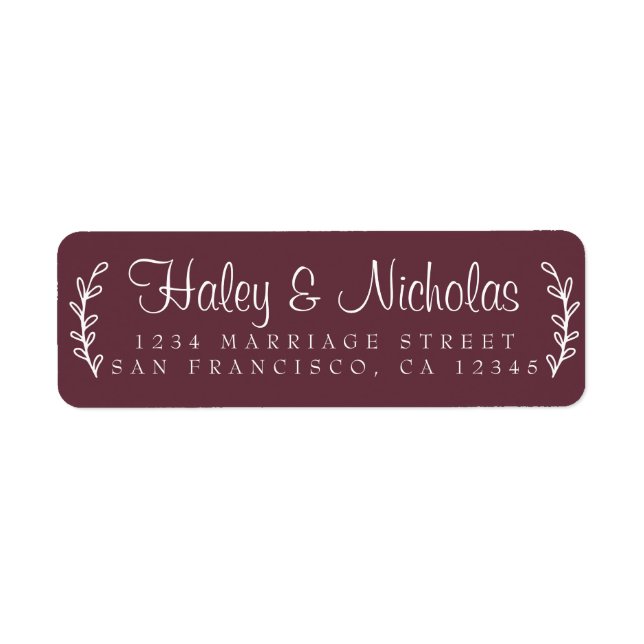 Chic Script Rustic Foliage Wedding Return Address  Label (Front)