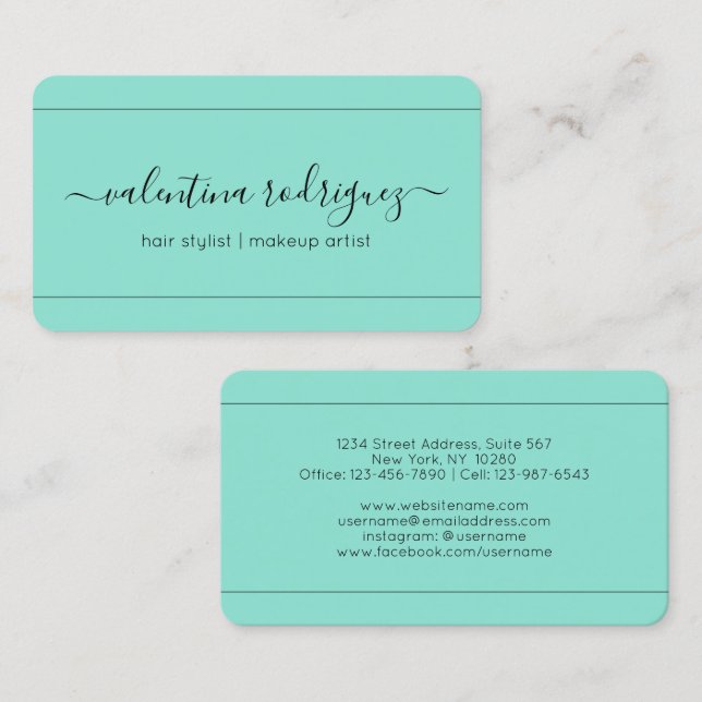 Chic Script Signature Modern Minimalist Teal Business Card (Front/Back)