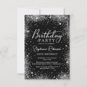 Chic Script Silver Glitter Black 30th Birthday Invitation
