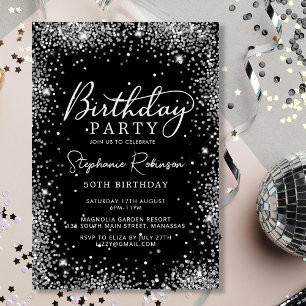 Chic Script Silver Glitter Black 50th Birthday  Invitation