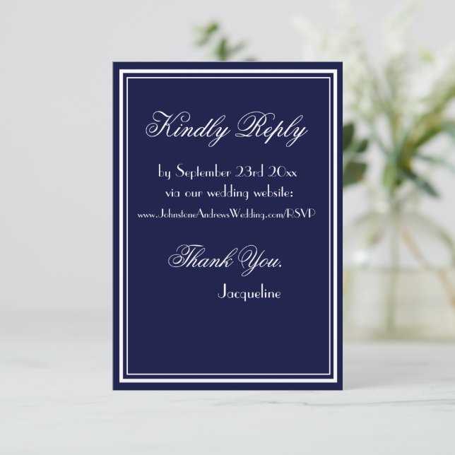  Chic script simple wedding website RSVP navy blue Enclosure Card (Standing Front)