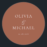 Chic Script Terracotta Minimalist Wedding Classic Round Sticker<br><div class="desc">Add a personal and elegant touch to your wedding favors, envelopes, or packaging with this minimalist round sticker featuring your custom name in a graceful script font. Designed to complement a modern and timeless wedding theme, this classic Terracotta and white design pairs beautifully with any part of your celebration. Perfect...</div>