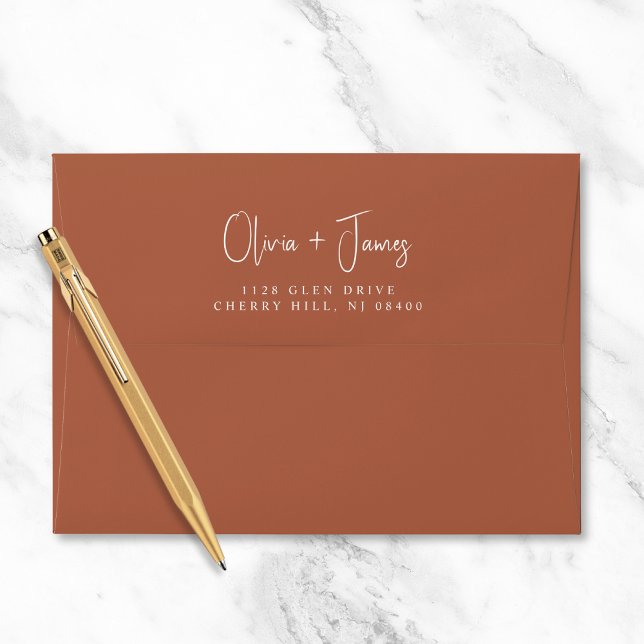 Chic Script Terracotta Wedding Return Address Envelope (Creator Uploaded)