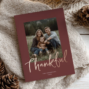 Chic Script Thanksgiving Photo Burgundy Rose Gold  Foil Holiday Card