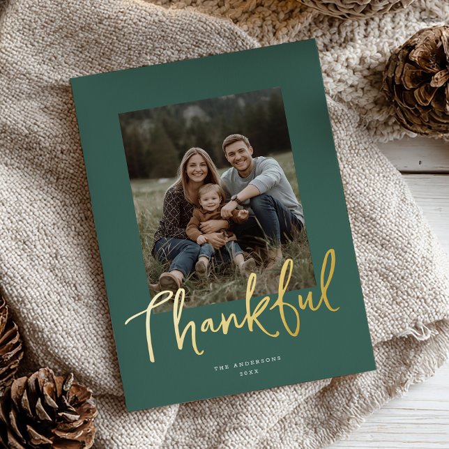 Chic Script Thanksgiving Photo Dark Green Gold  Foil Holiday Card (Creator Uploaded)