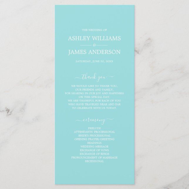 Chic Script Turquoise Blue Simple Minimal Wedding Program (Front)