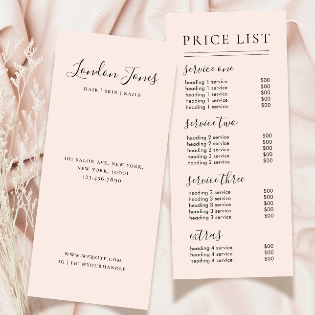 Chic Script Typography Services Blush Price List Rack Card (Creator Uploaded)