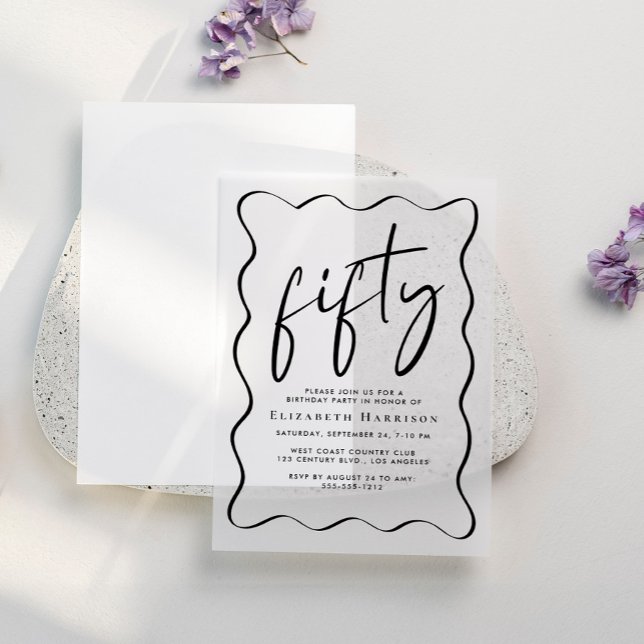 Chic Script Wavy Frame 50th Birthday Party Vellum Invitations (Creator Uploaded)