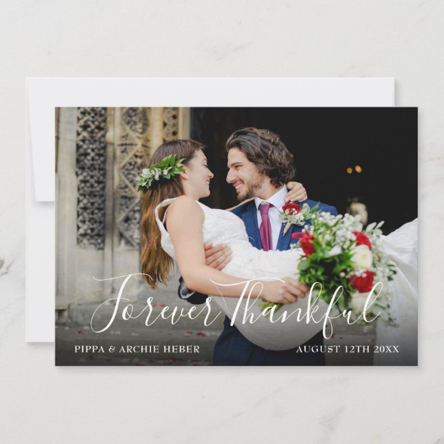 Chic Script Wedding Photo Forever Thankful Thank You Card (Front)