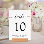 Chic Script Wedding Reception Table Number<br><div class="desc">Chic wedding reception table number with a giclee photo card and wood holder. This sign features "table" in a stylish calligraphy script with swashes, the table number in elegant serif typography, your first names joined by a heart and your reception date. Create each table number sign and add to your...</div>
