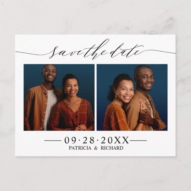 Chic Script Wedding Save The Date 2 Photo Collage Postcard (Front)
