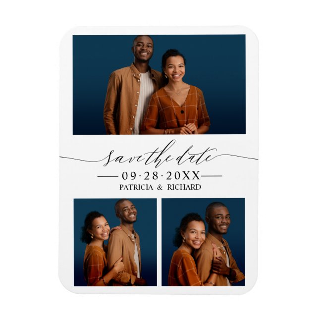 Chic Script Wedding Save The Date 3 Photo Collage Magnet (Vertical)