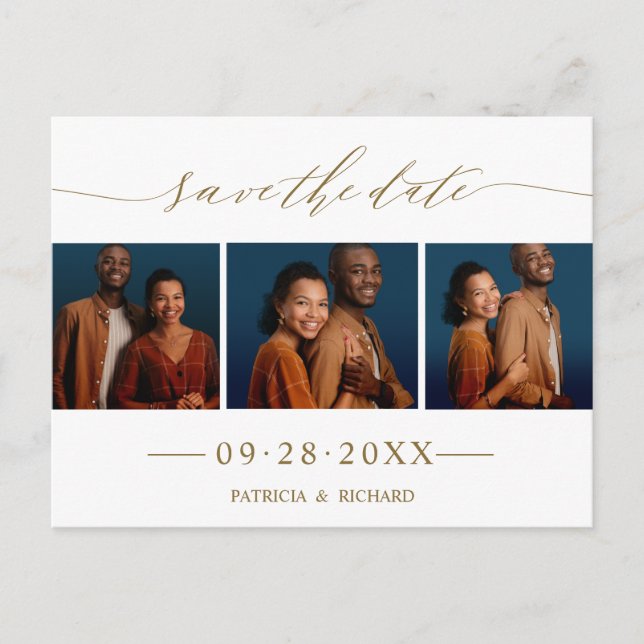 Chic Script Wedding Save The Date 3 Photo Collage Postcard (Front)