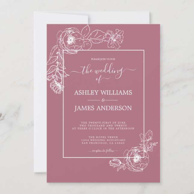 Chic Script White Floral Outline Cassis Wedding Invitation (Front)