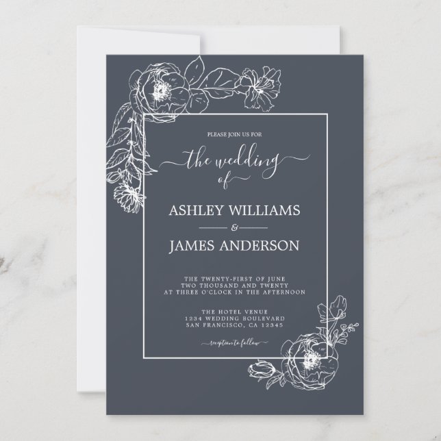 Chic Script White Floral Outline Dark Blue Wedding Invitation (Front)