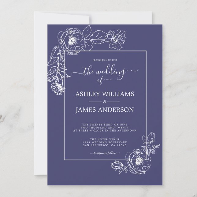 Chic Script White Floral Outline Navy Blue Wedding Invitation (Front)
