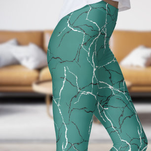 Chic Sea Green and Black White Fracture Pattern Leggings