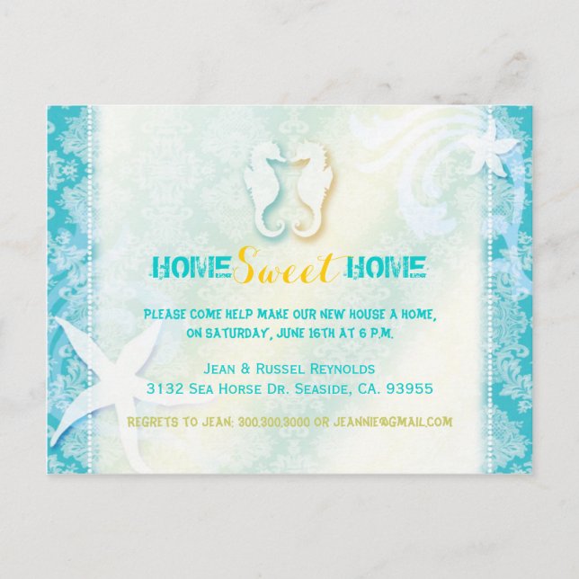 Chic Sea Horse Beach Housewarming Party Invitation Postcard (Front)