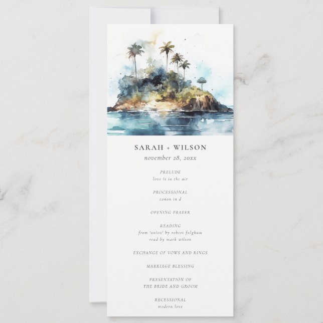 Chic Seascape Palm Tree Island Wedding Program (Front)