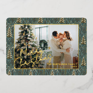 Chic Seasonal Greetings On Forest Trees Gold Foil Holiday Card