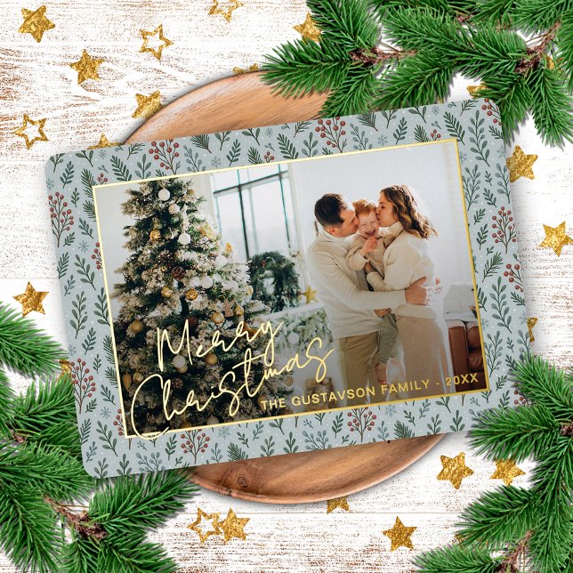 Chic Seasonal Greetings On Holly Berries Gold Foil Holiday Card (Creator Uploaded)