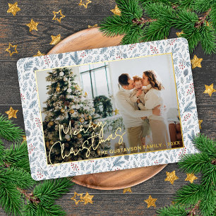 Chic Seasonal Greetings On Holly Berries Gold Foil Holiday Card
