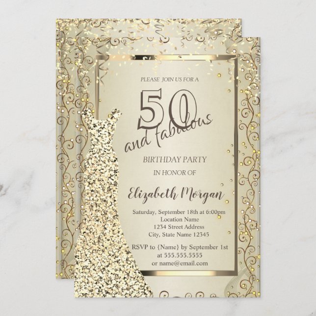 Chic Sequins Dress Gold 50th Birthday Invitation (Front/Back)